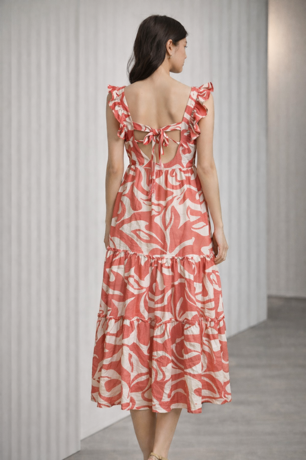 CORAL ABSTRACT MIDI DRESS