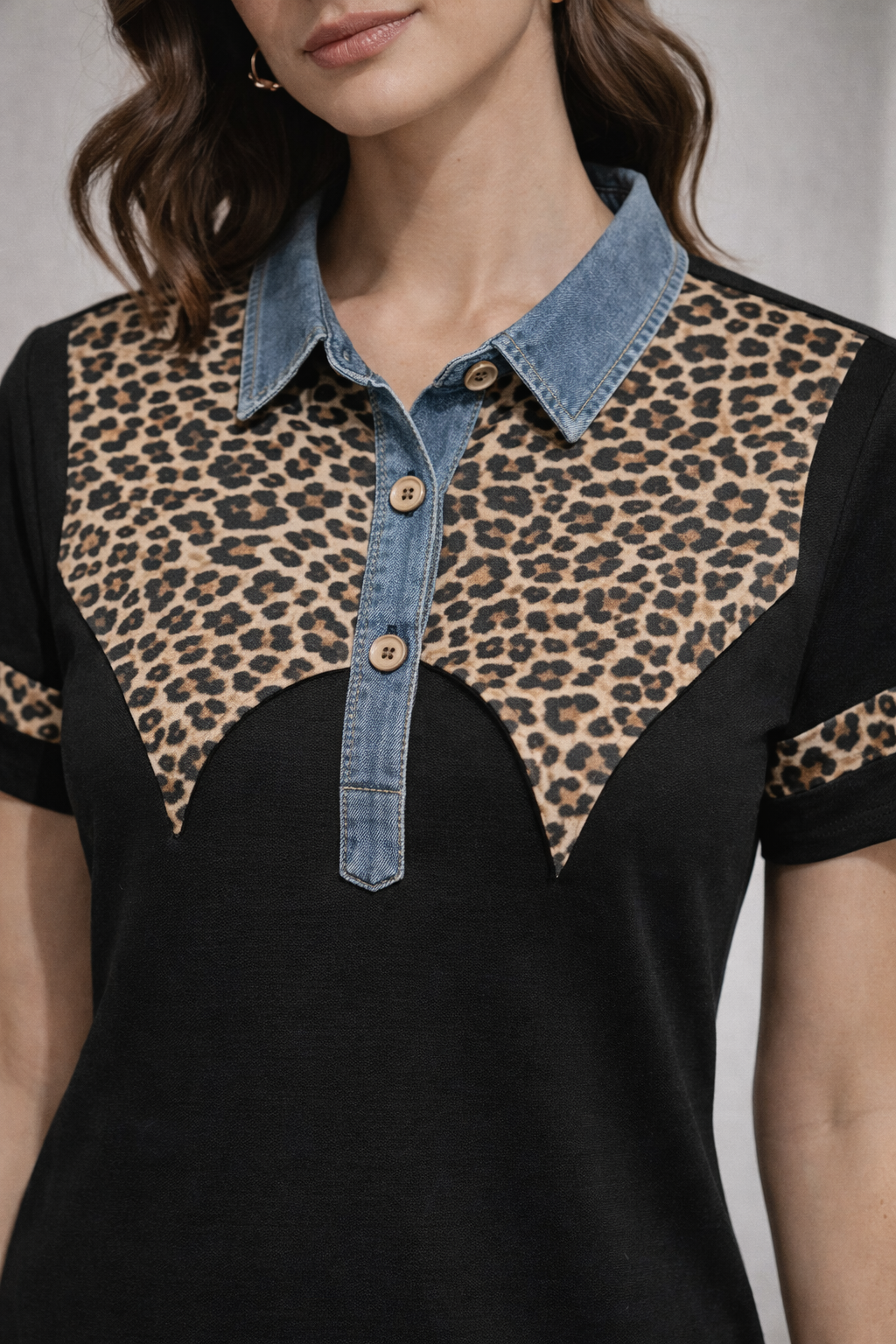 LEOPARD PANEL DENIM COLLAR DRESS