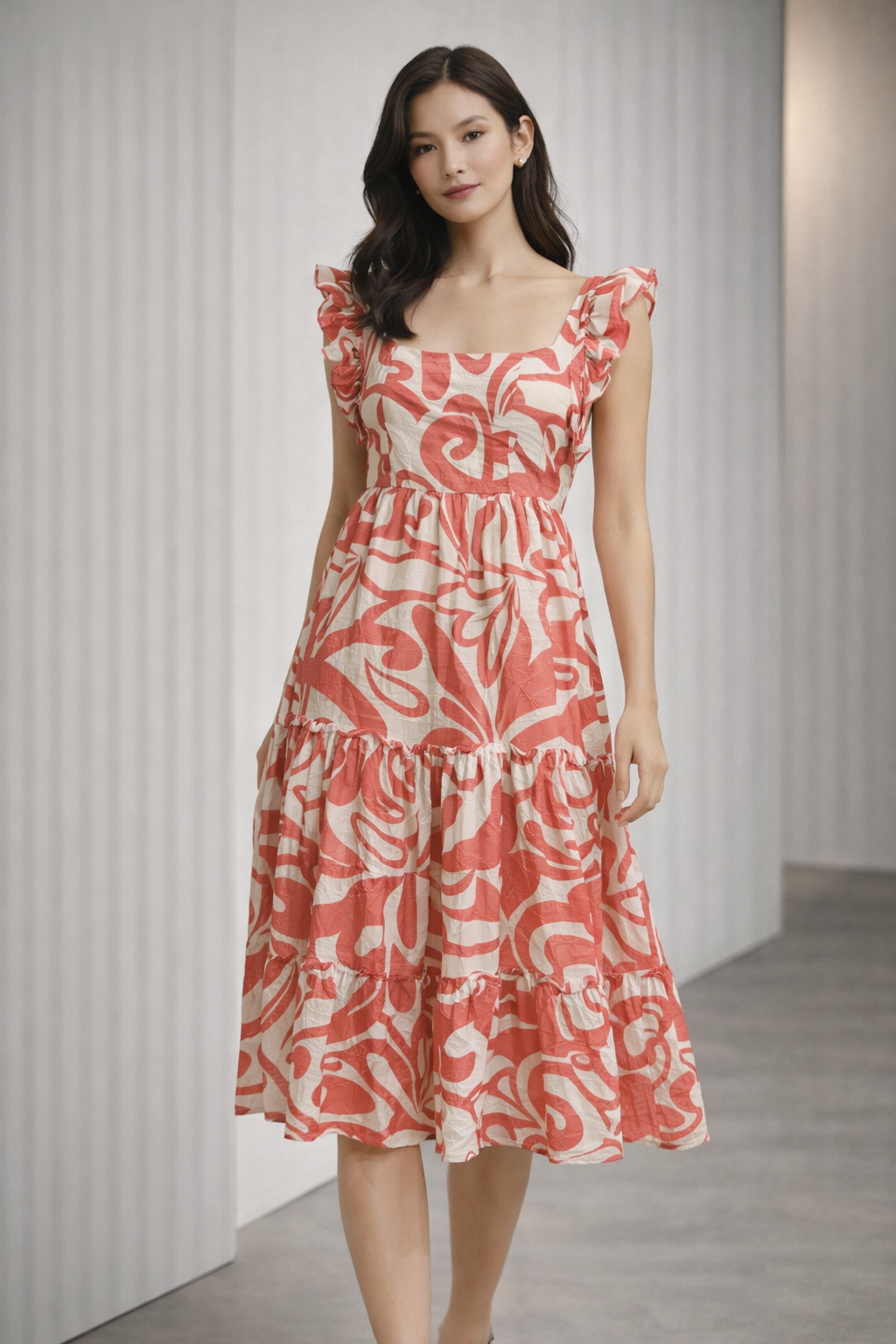 CORAL ABSTRACT MIDI DRESS