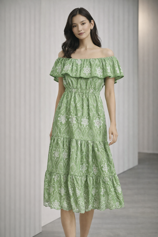 SAGE GREEN FLORAL OFF SHOULDER MIDI DRESS