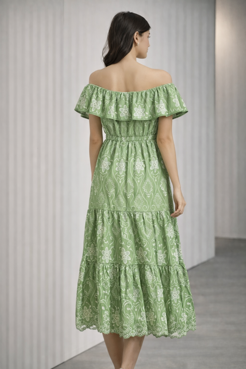 SAGE GREEN FLORAL OFF SHOULDER MIDI DRESS