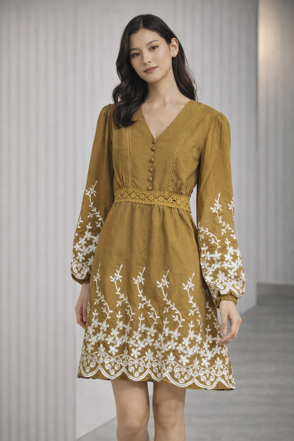 MUSTARD FLORAL EMBROIDERED MINI DRESS