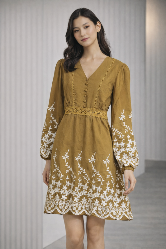 MUSTARD FLORAL EMBROIDERED MINI DRESS