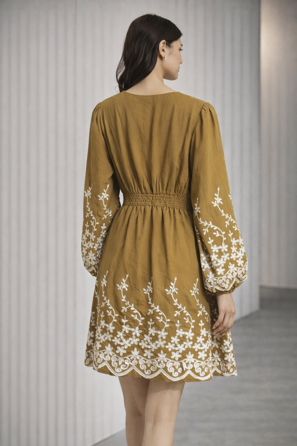 MUSTARD FLORAL EMBROIDERED MINI DRESS