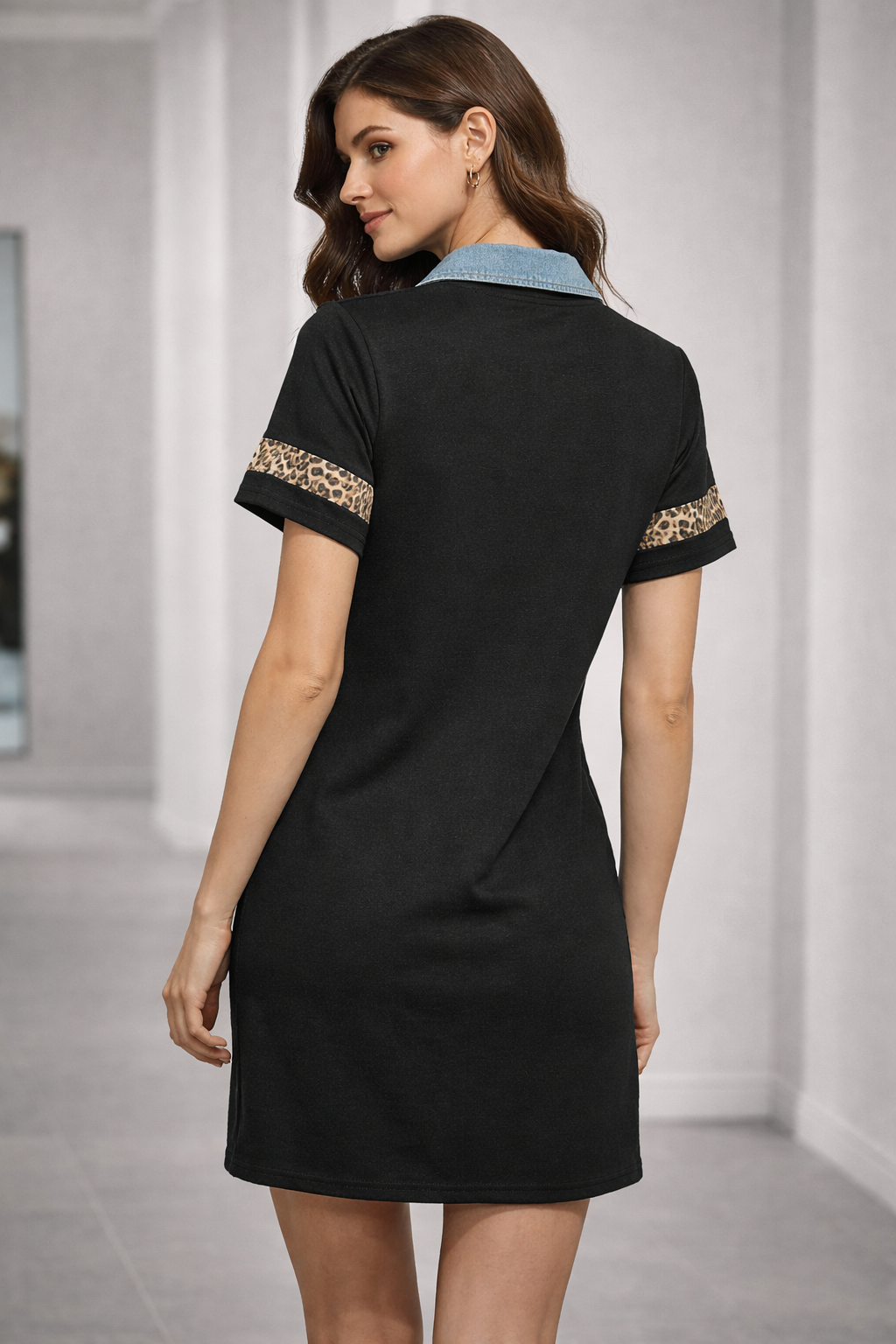 LEOPARD PANEL DENIM COLLAR DRESS