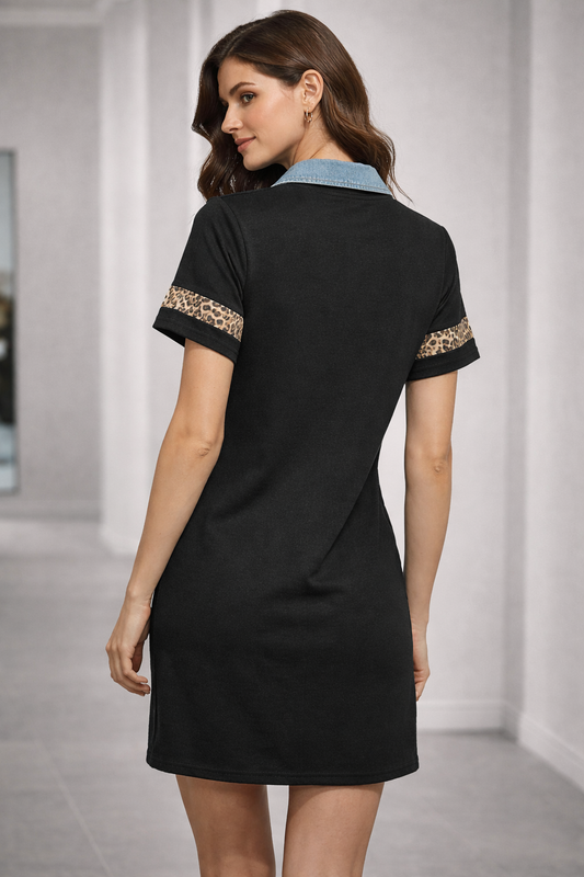 LEOPARD PANEL DENIM COLLAR DRESS